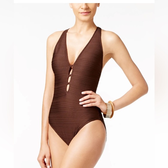 Ralph Lauren Brown Solid Ottoman Crossback One piece Swimsuit size 12 NWT - Picture 2 of 11